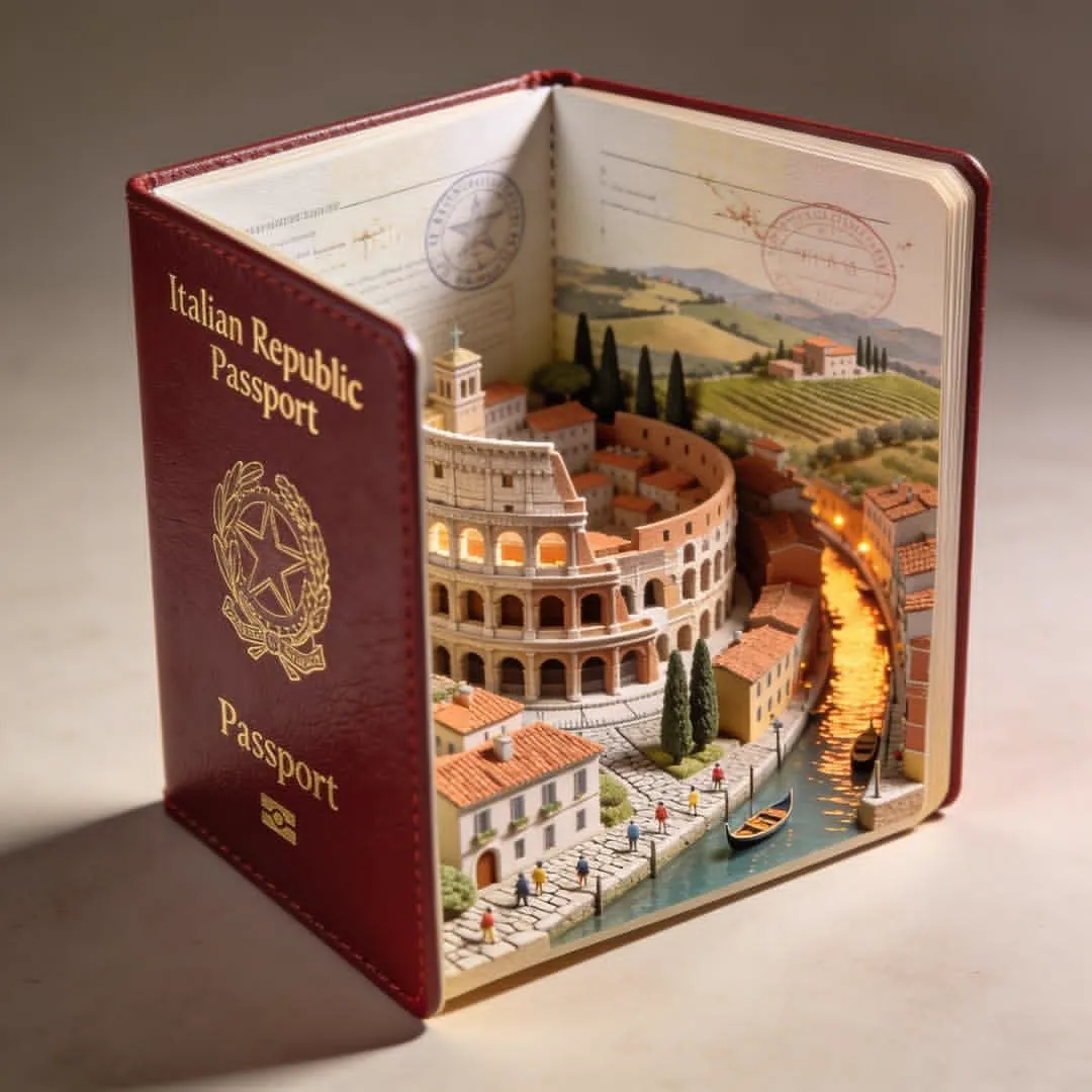 Hyper-realistic open [COUNTRY] passport on a studio surface, with gold-embossed…