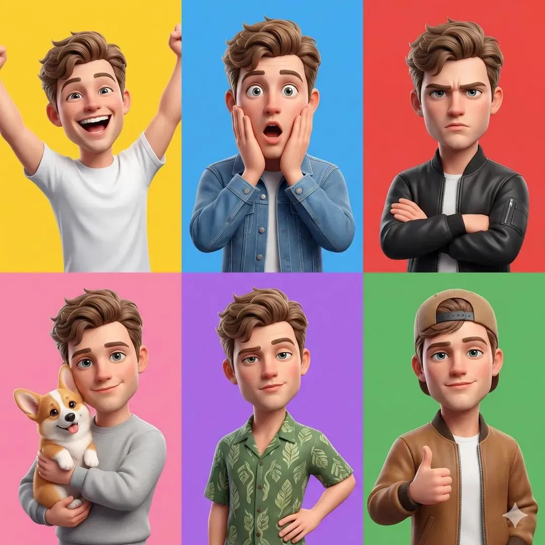 A 3D Pixar-style animated young male character showcased in a 6-panel grid…