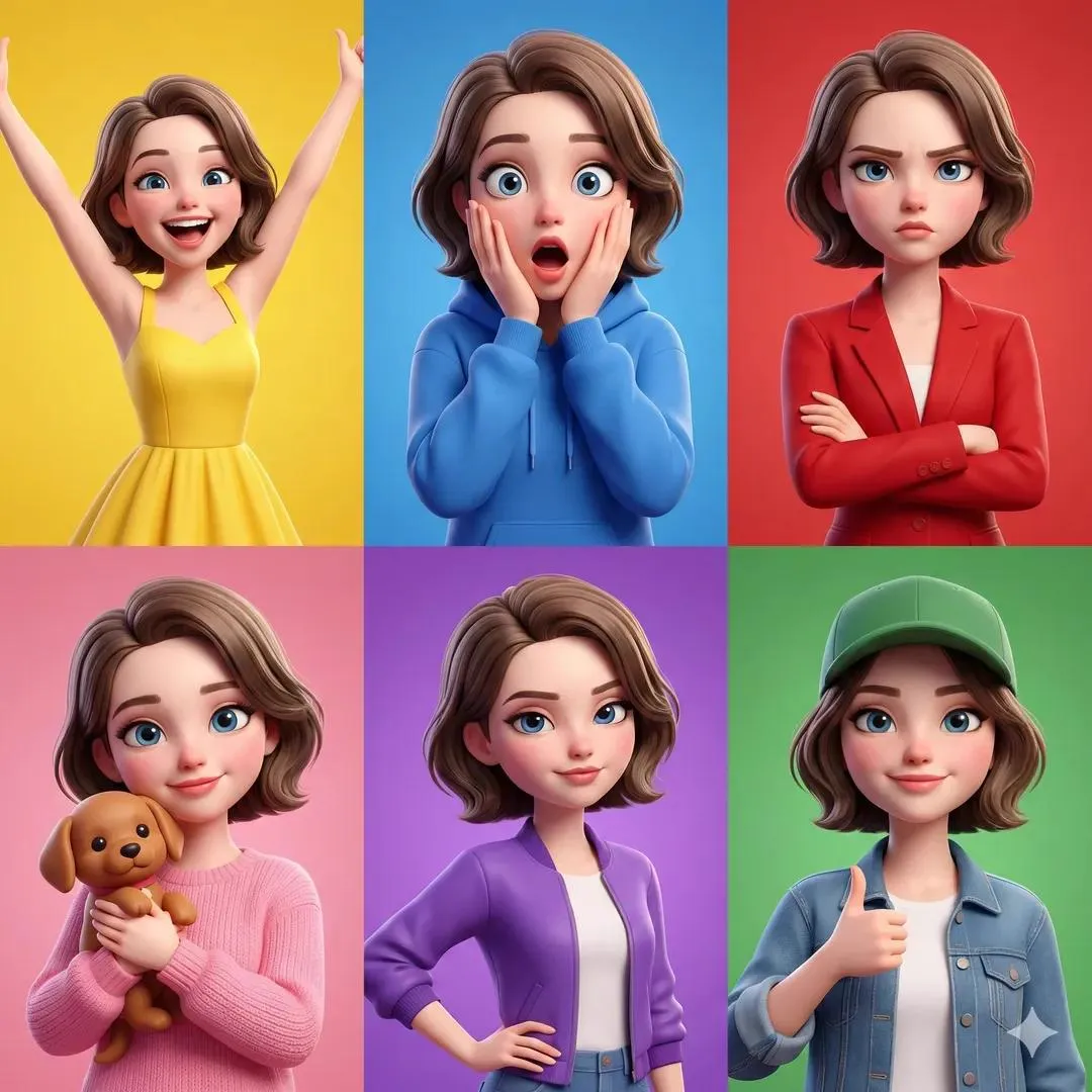 3D Pixar-style animated girl shown in a 6-panel grid, same character with short…
