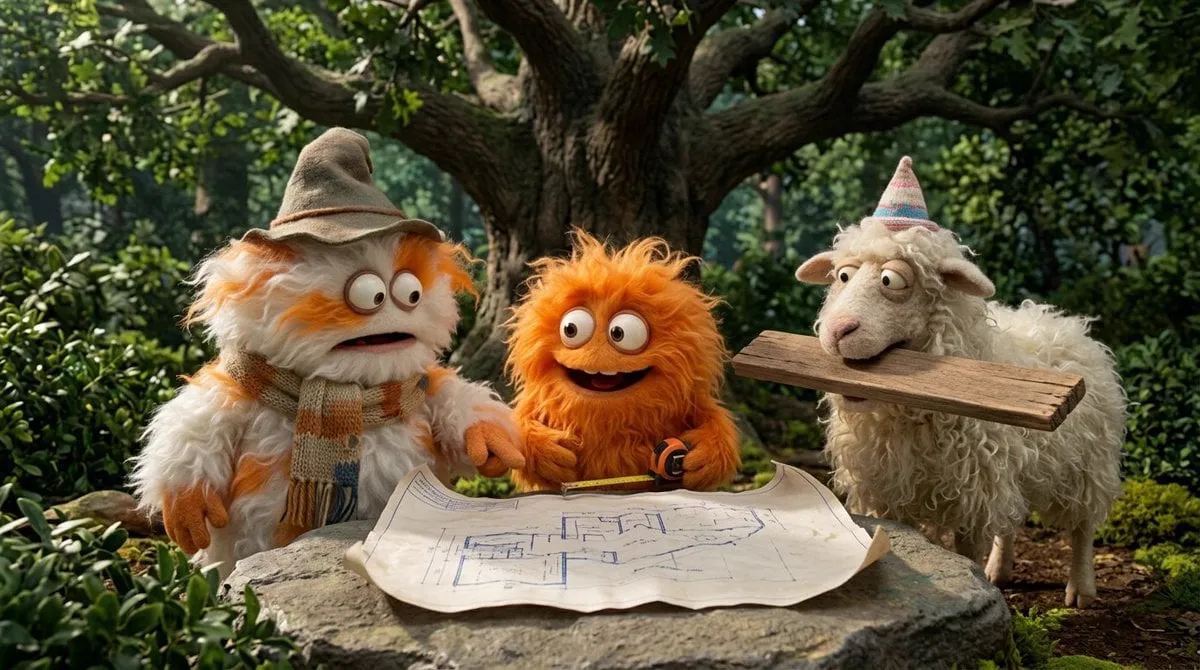 Create a funny 4-part story featuring 3 fluffy creatures building a treehouse
