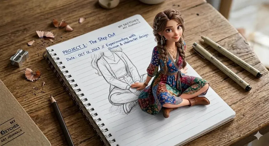 A creative 3D illusion artwork of a cute young girl stepping out of a spiral… — 3/4