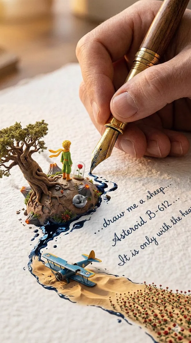 A colossal hand gripping an enormous vintage fountain pen, captured in vertical…