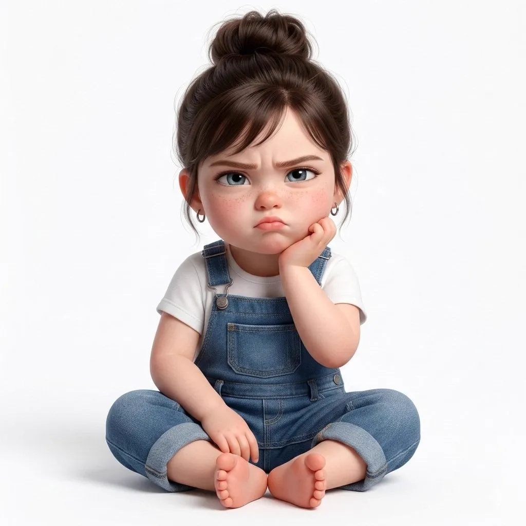 Create a super cute, hyper-realistic 3D render of a toddler girl who is a…