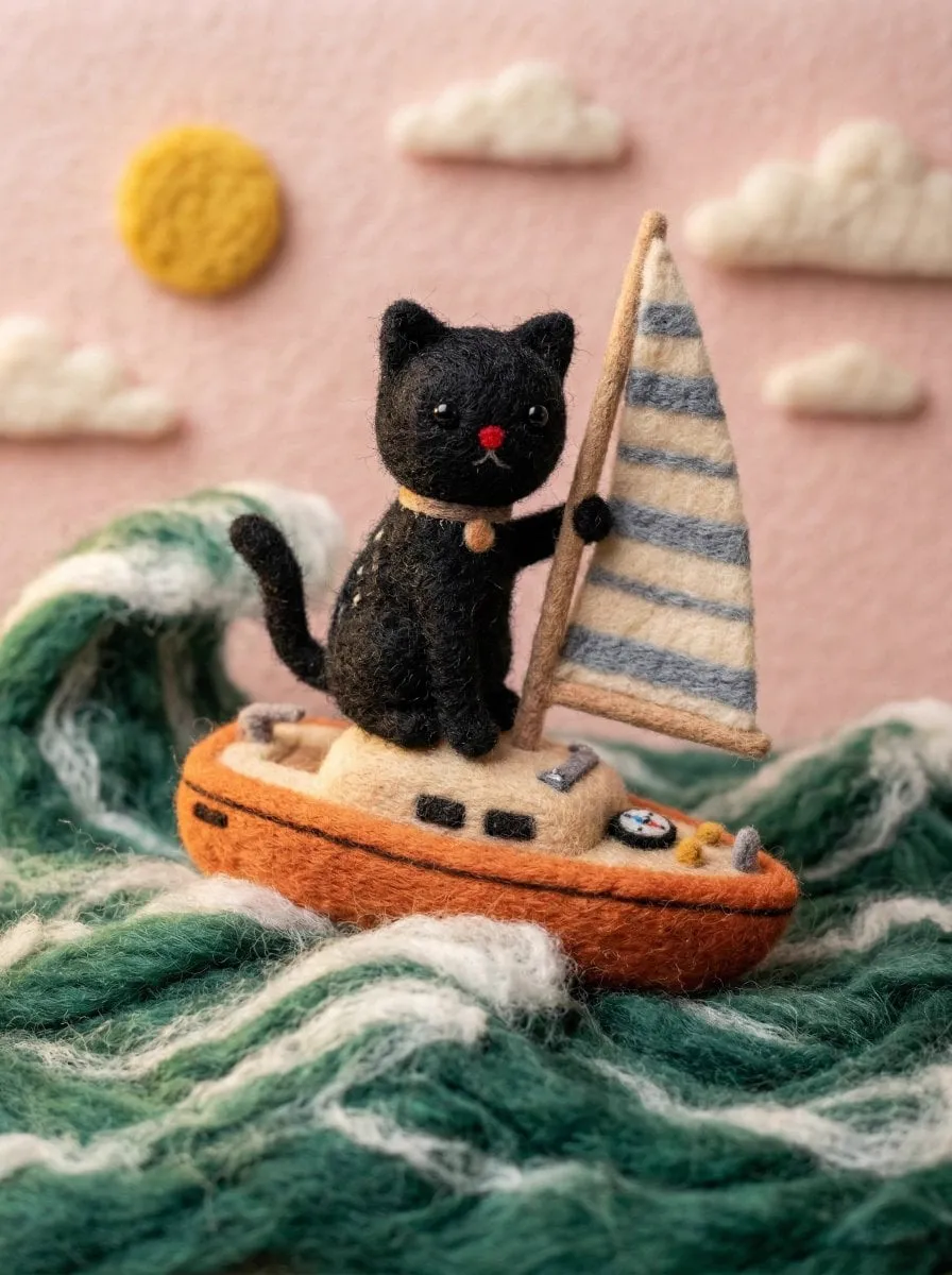 { "target_style": "Handcrafted needle-felted wool miniature",…