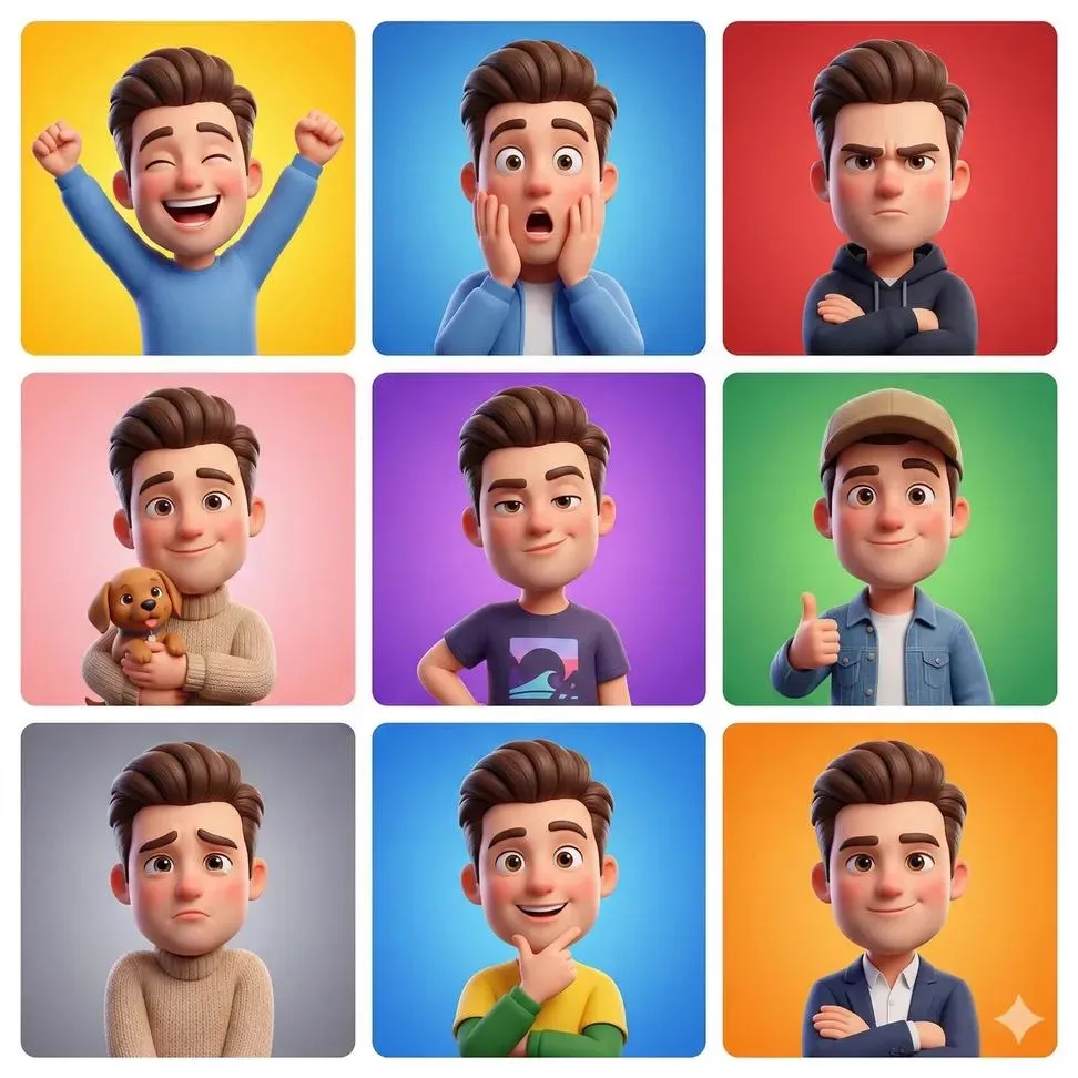 3D cartoon avatar character showing different emotions arranged in a 3x3 grid,…
