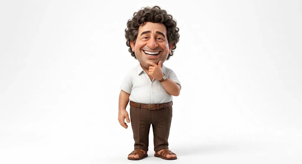 A highly detailed 3D caricature of a cheerful man with an oversized head, a big…