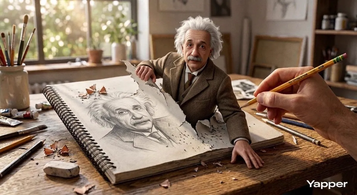 Hyper-realistic 3D illustration of Albert Einstein emerging from the pages of a… — 1/2