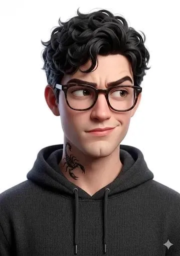 3D stylized character portrait of a young man, curly dark hair, wearing black… — 1/2