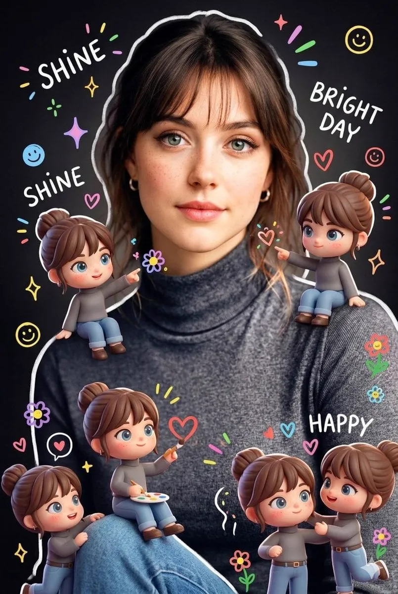 Surrounding the realistic main subject are multiple cute, 3D-style chibi…