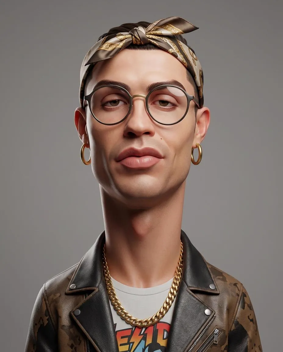 Create an exaggerated stylized 3D caricature character portrait with strong…