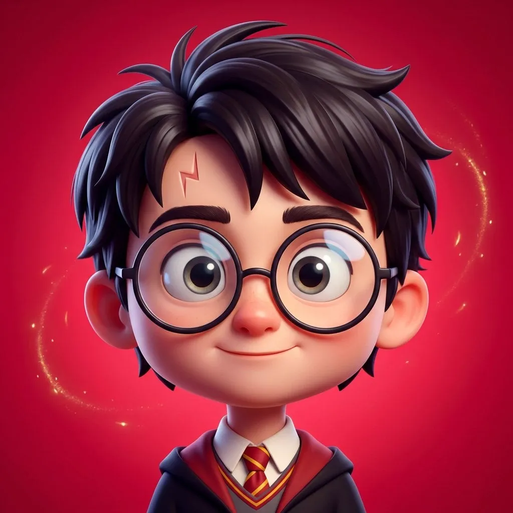 High-quality stylized 3D CGI big-head cartoon render of Harry Potter, square… — 4/4