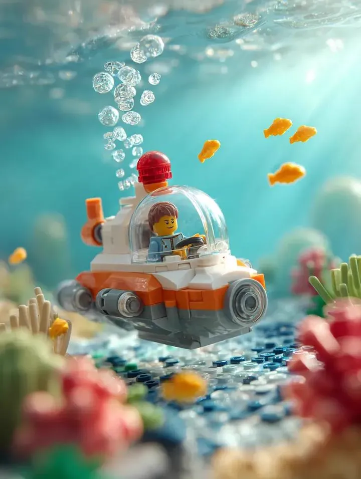 Surrounding the submarine are multiple small bright yellow LEGO fish swimmingâŚ