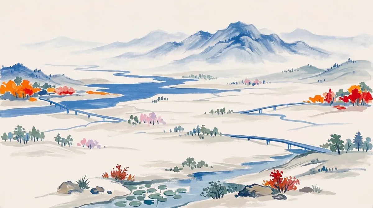 使用以 #f6f4f0 为主背景,#2d6dc3 为主蓝色,同时也包含一些橙色元素,制作了一张山水远景风景画。