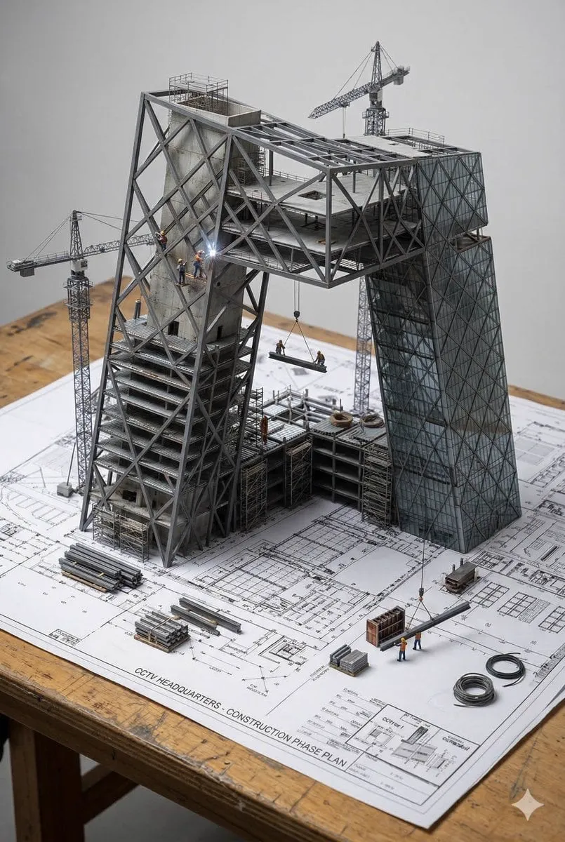 An architectural blueprint of {BUILDING_NAME} placed on a {SURFACE}, with a…