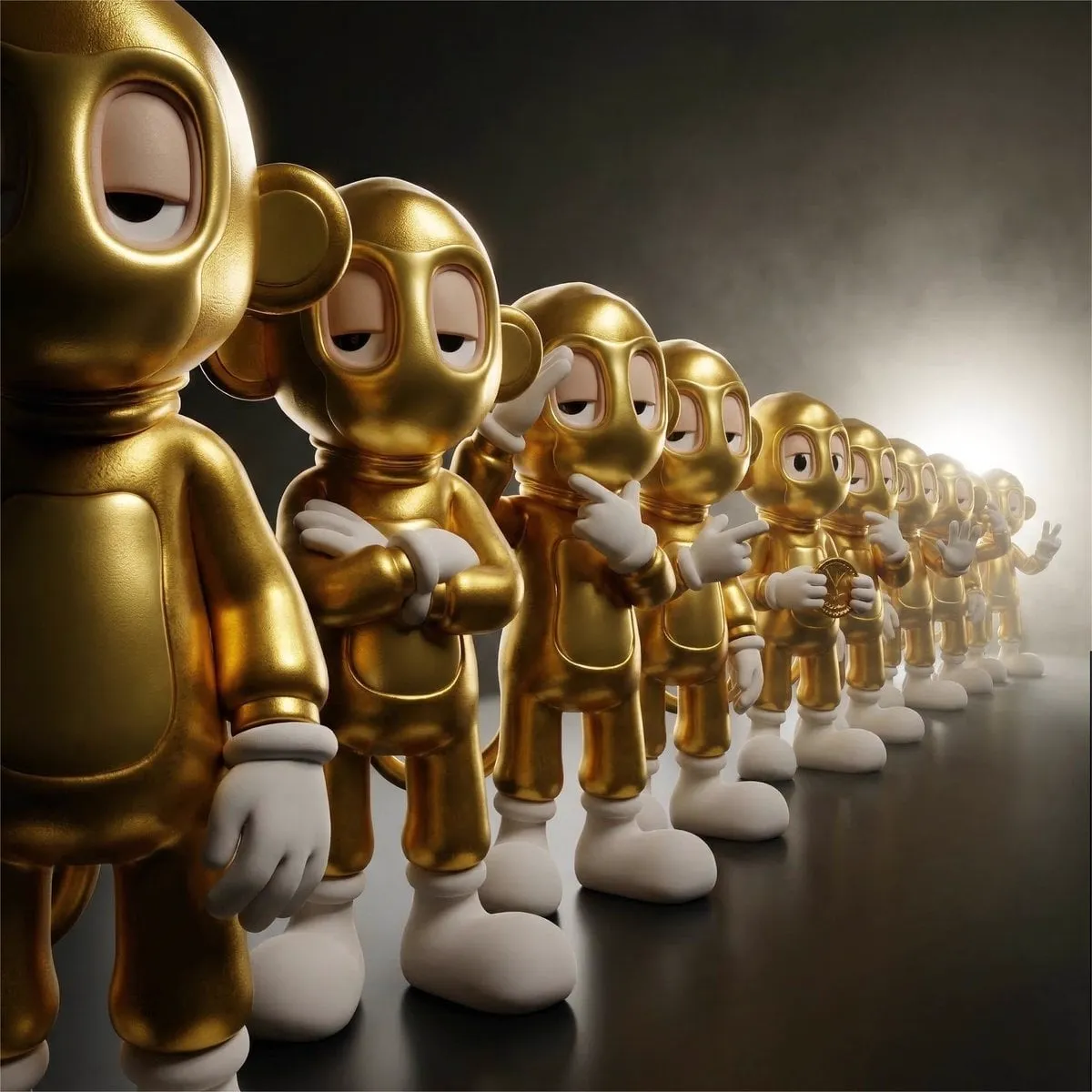 A detailed, collectible-style 3D render of a linear procession of twelve…