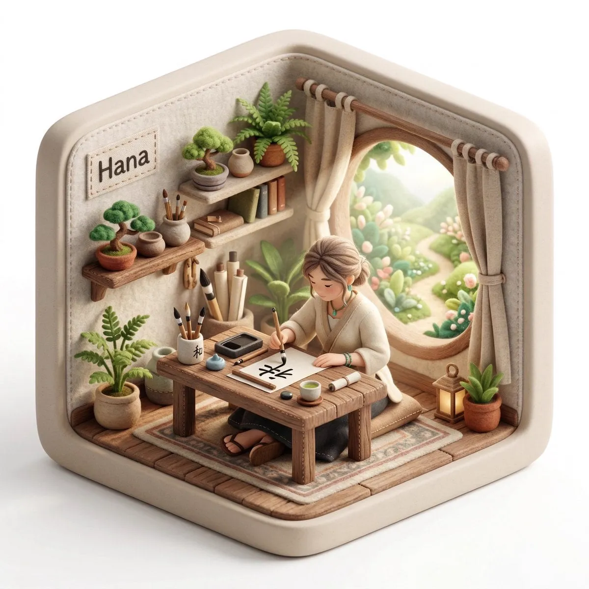 Create a 3D isometric diorama illustration of an original character named…