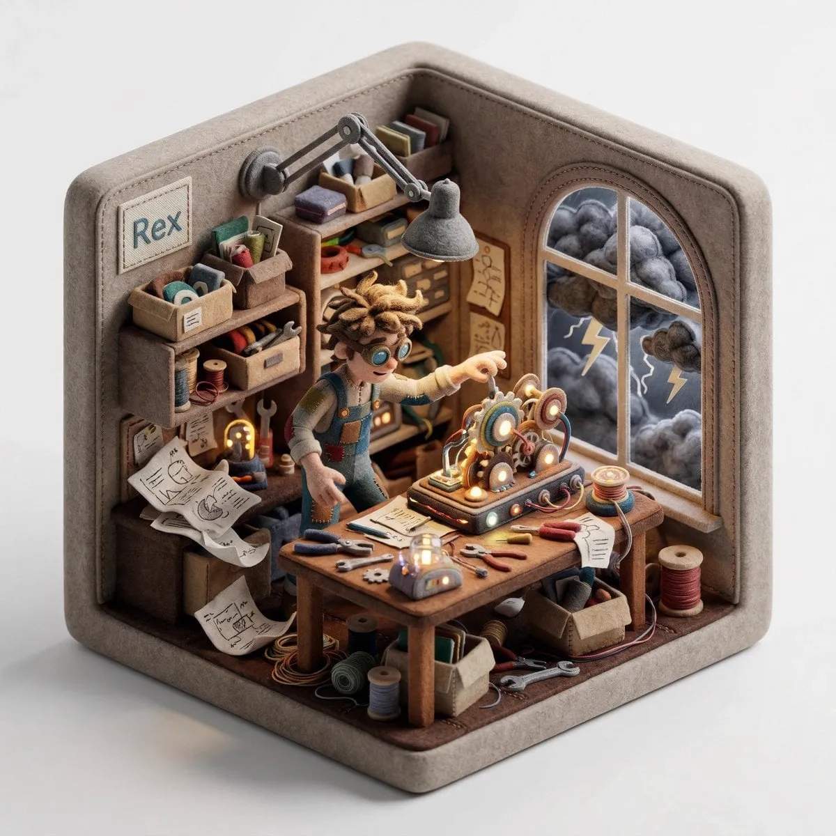 Create a 3D isometric diorama illustration of an original character named… — 3/4