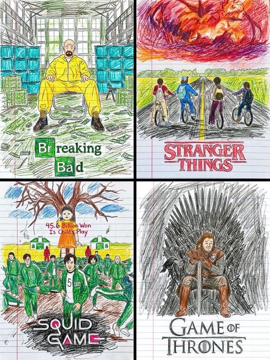 Transform this movie poster into a child’s crayon drawing on lined notebook…