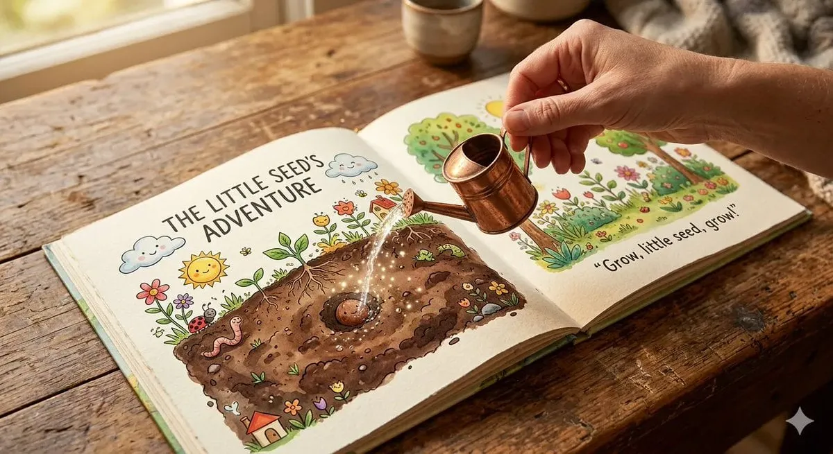 { "prompt": "An open children’s picture book rests on a wooden table, showing a…