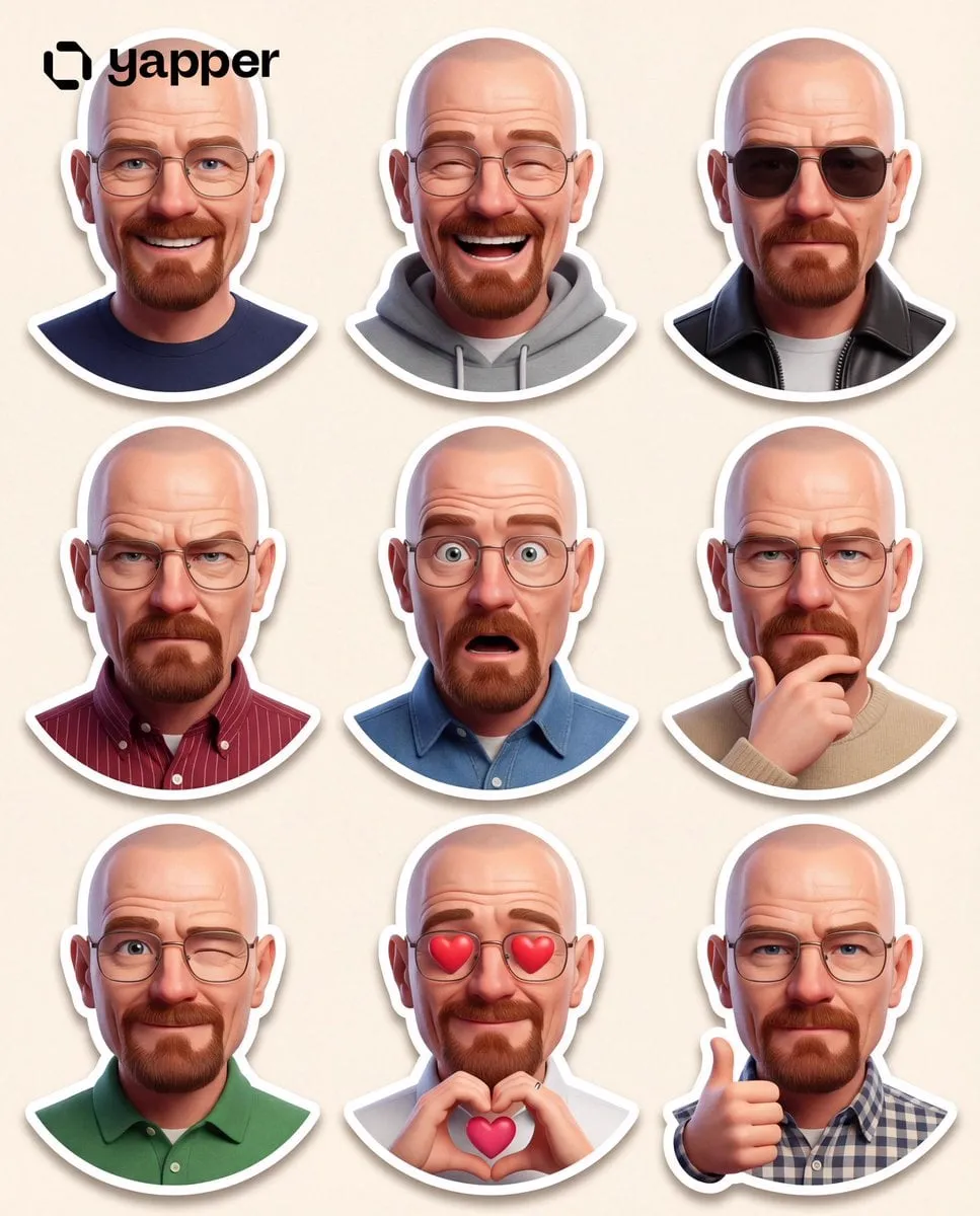 Create a premium Pixar-style 3D character sticker set that is clearly…