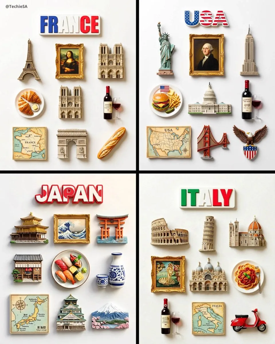 A flat-lay collection of exactly 9 hyper-realistic 3D resin fridge magnetsâŚ