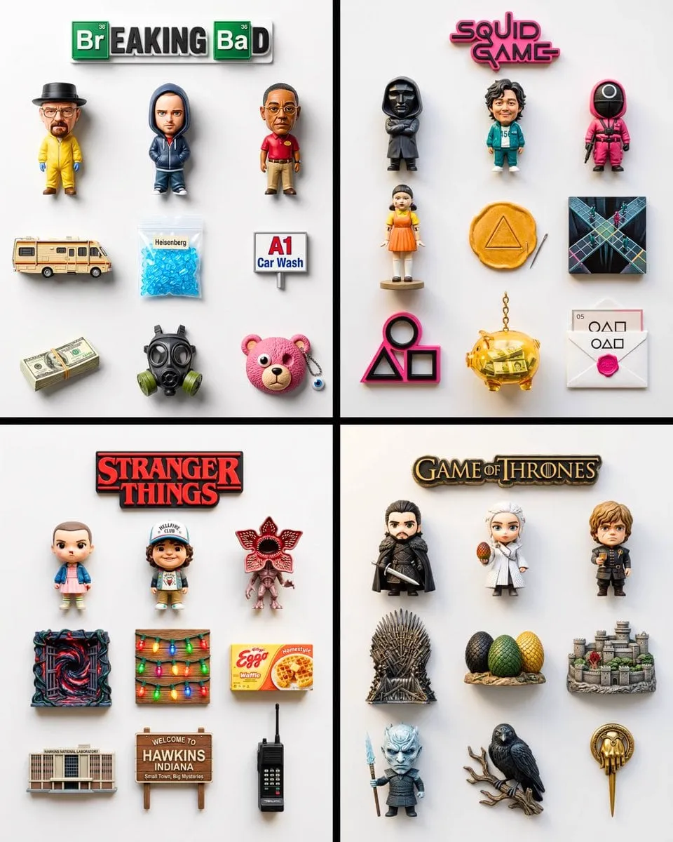 A flat-lay collection of exactly 9 hyper-realistic 3D resin fridge magnets…