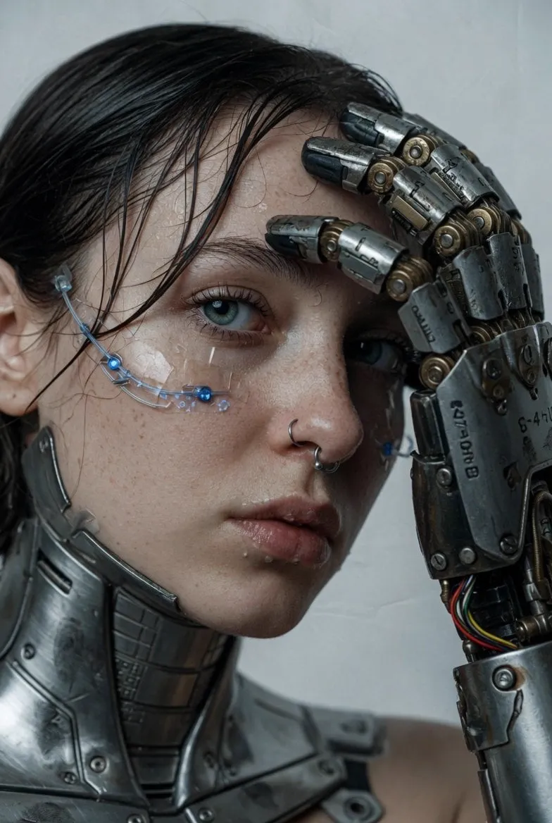 A hyper-realistic, cinematic extreme close-up portrait of a young woman with… — 1/2