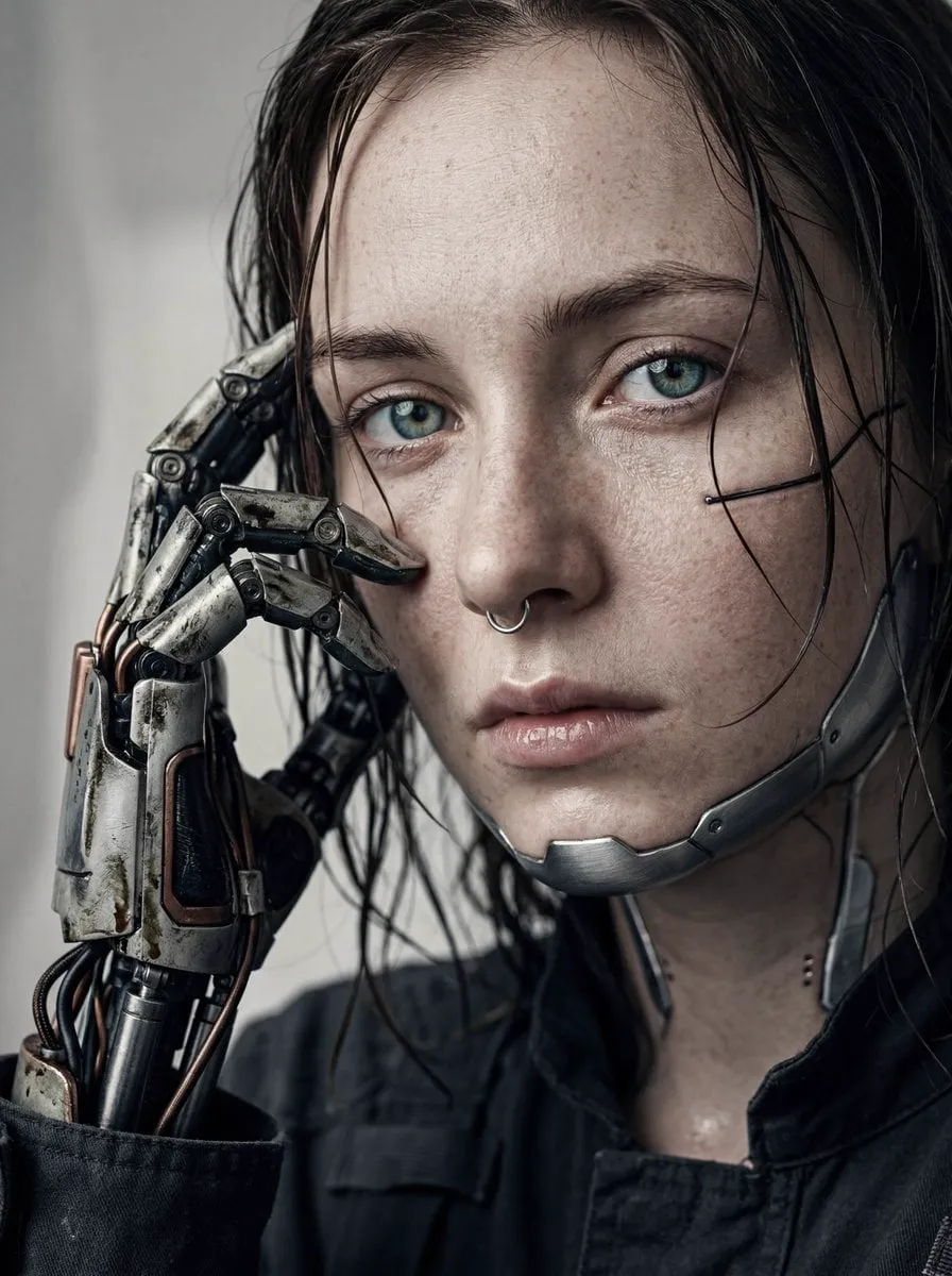 A hyper-realistic, cinematic extreme close-up portrait of a young woman with… — 2/2