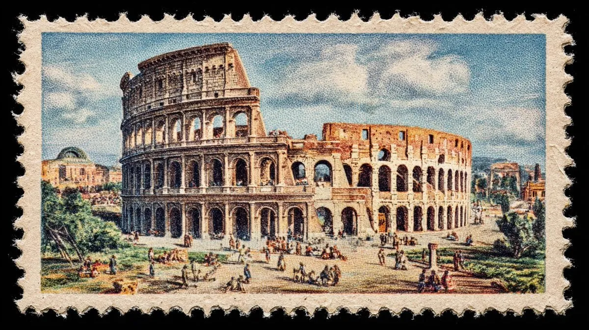 a vintage postage stamp depicting [iconic monument of a capital with people… — 3/4