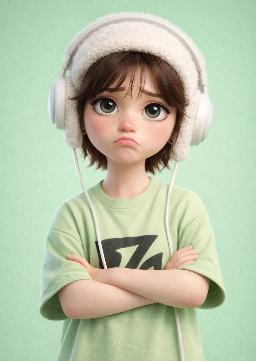 A stylized 3D cartoon character of a [PERSON] with big expressive eyes and a…