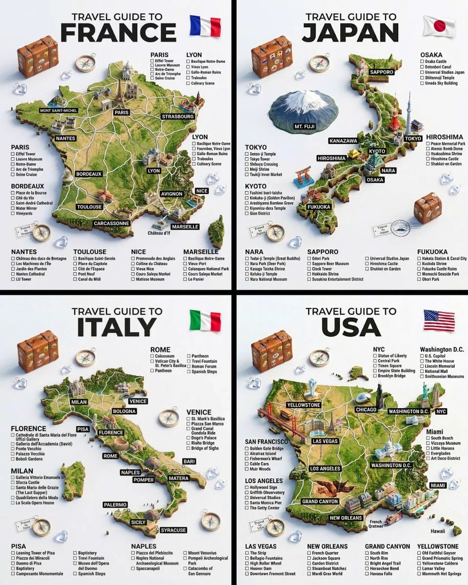 A hyper-realistic 3D travel guide infographic poster for [COUNTRY]