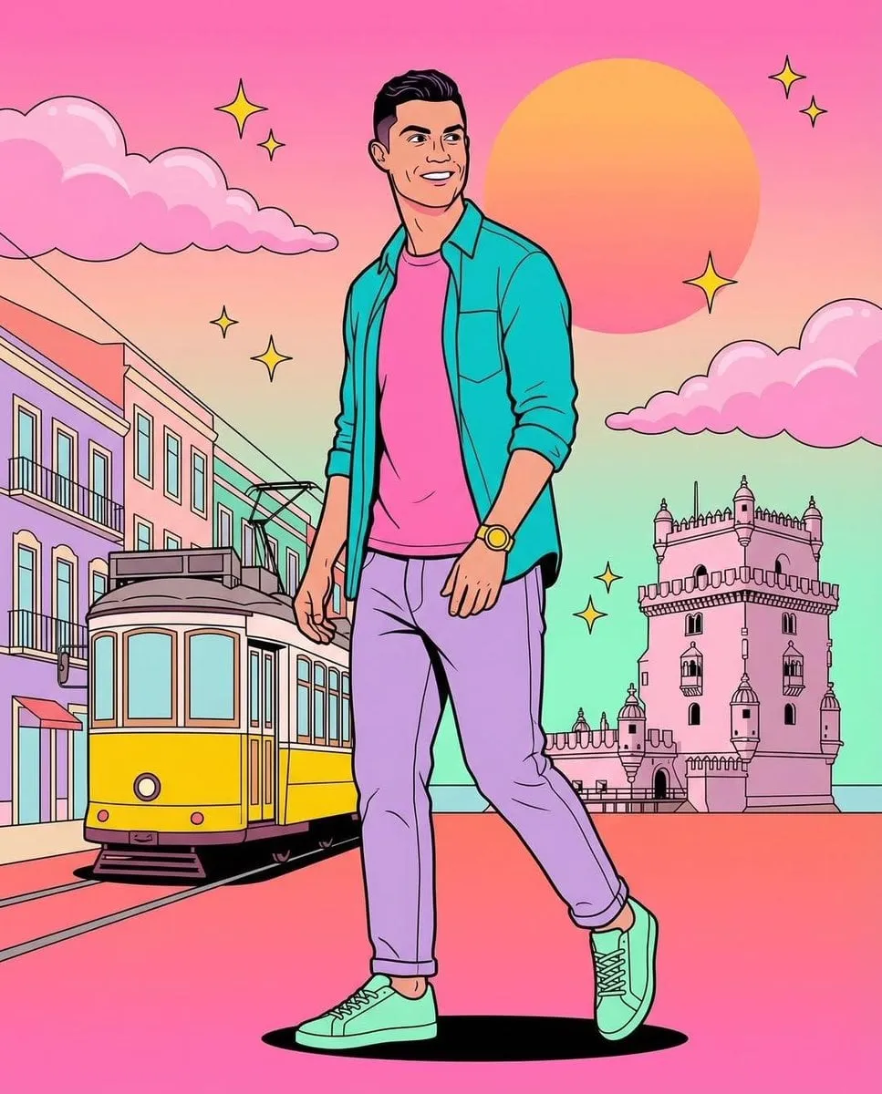 Convert the person in the attached reference photo into a hyper-vibrant 80s… — 1/2
