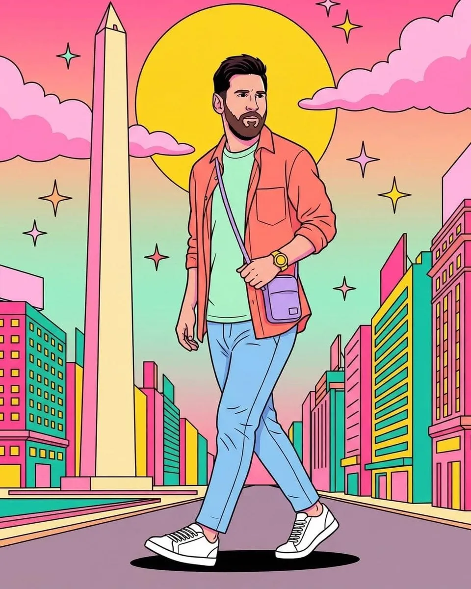 Convert the person in the attached reference photo into a hyper-vibrant 80s… — 2/2