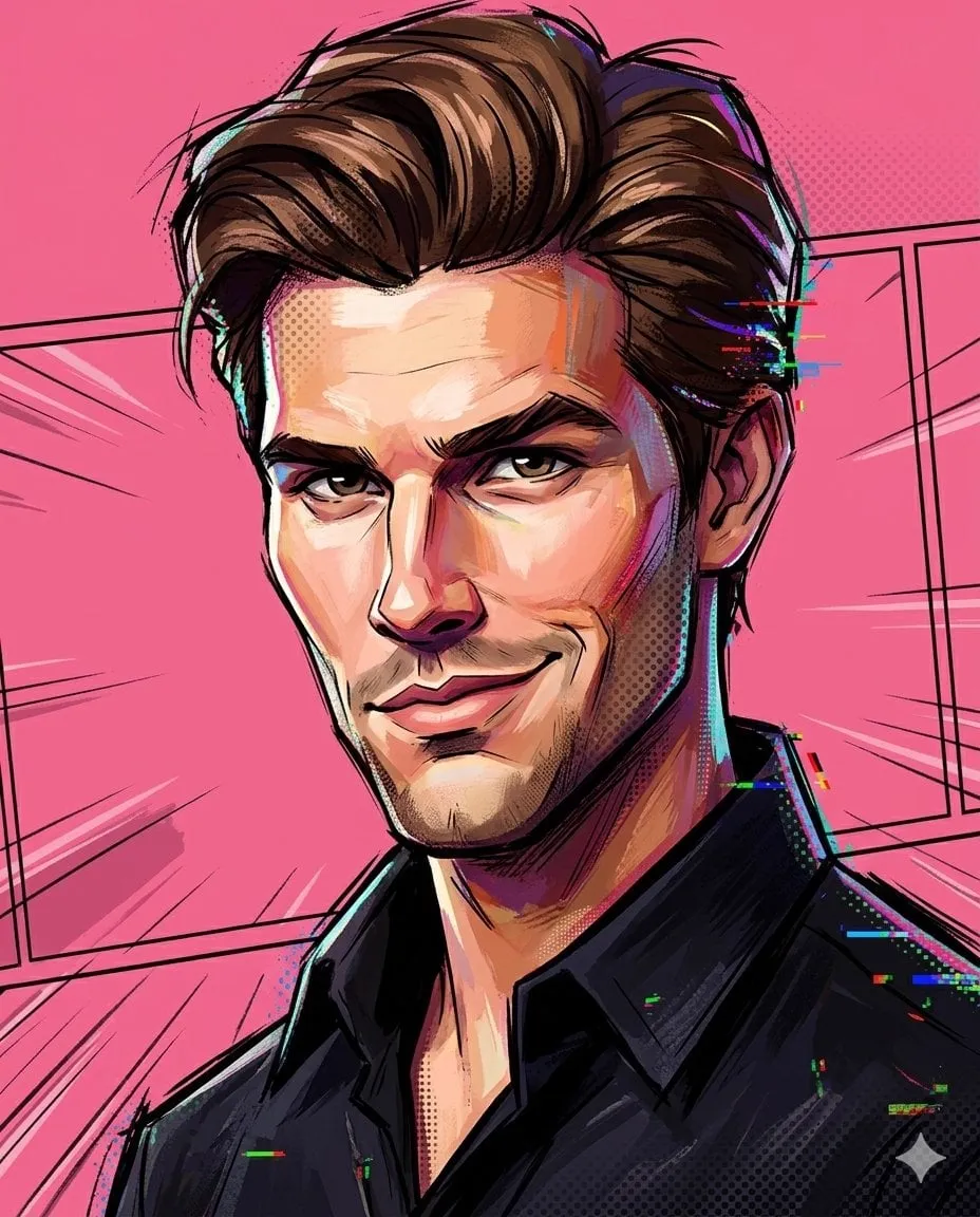 A painterly exaggerated cartoon portrait combining sculpted 3D anatomy with…