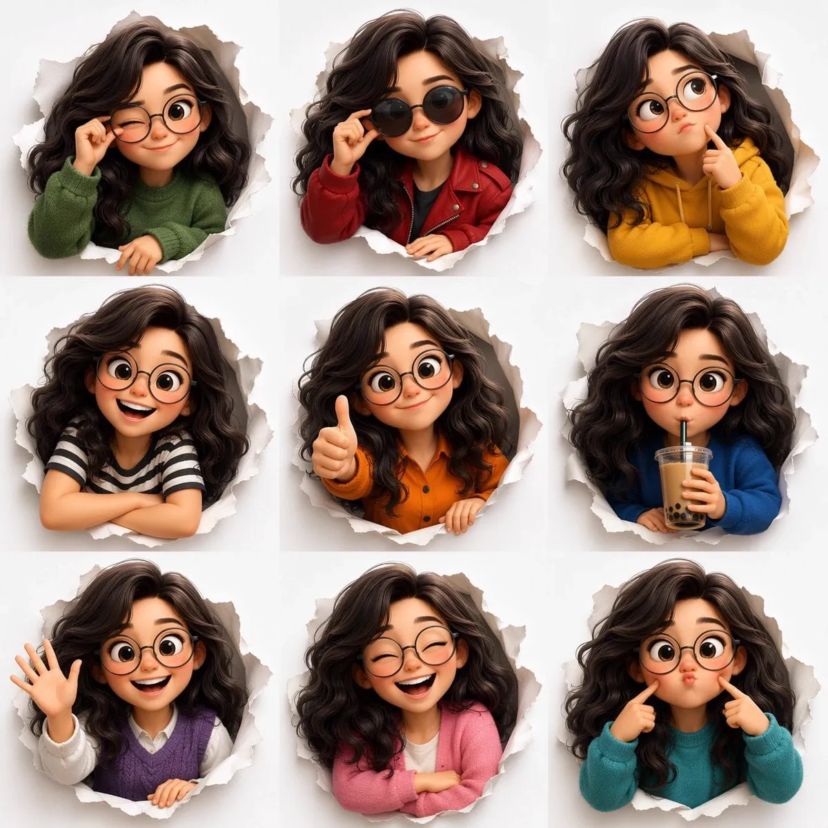 3D Pixar-style expression sheet, cute stylized avatar with wavy dark hair and…