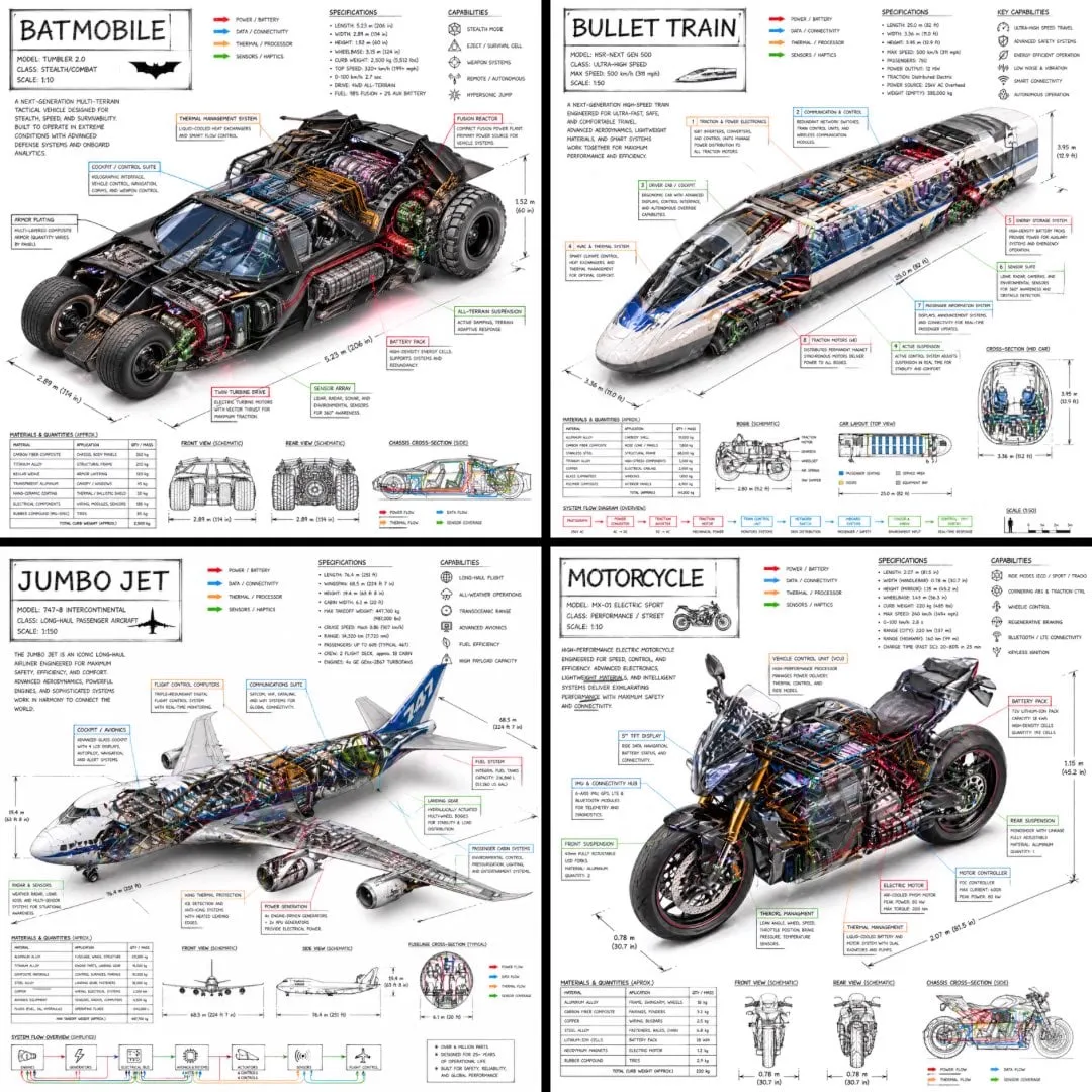 Create a technical infographic of [VEHICLE] with a 45-degree isometric 3D…