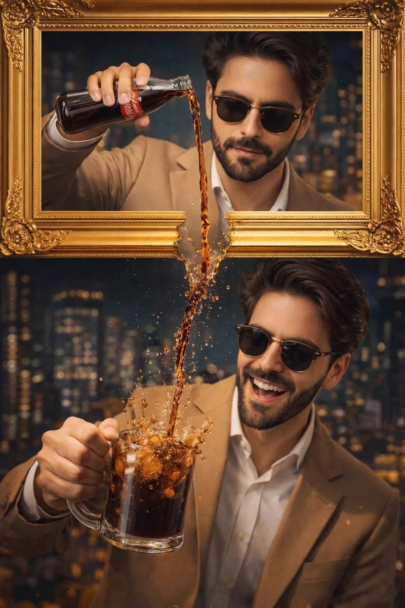 A stylish man wearing a tan suit and sunglasses is featured in a creative split…