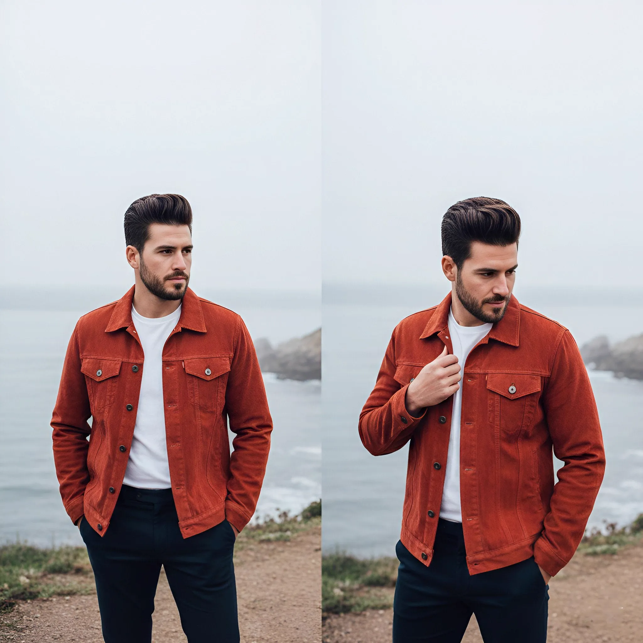 { "image_description": "A high-quality side-by-side comparison of a handsome…