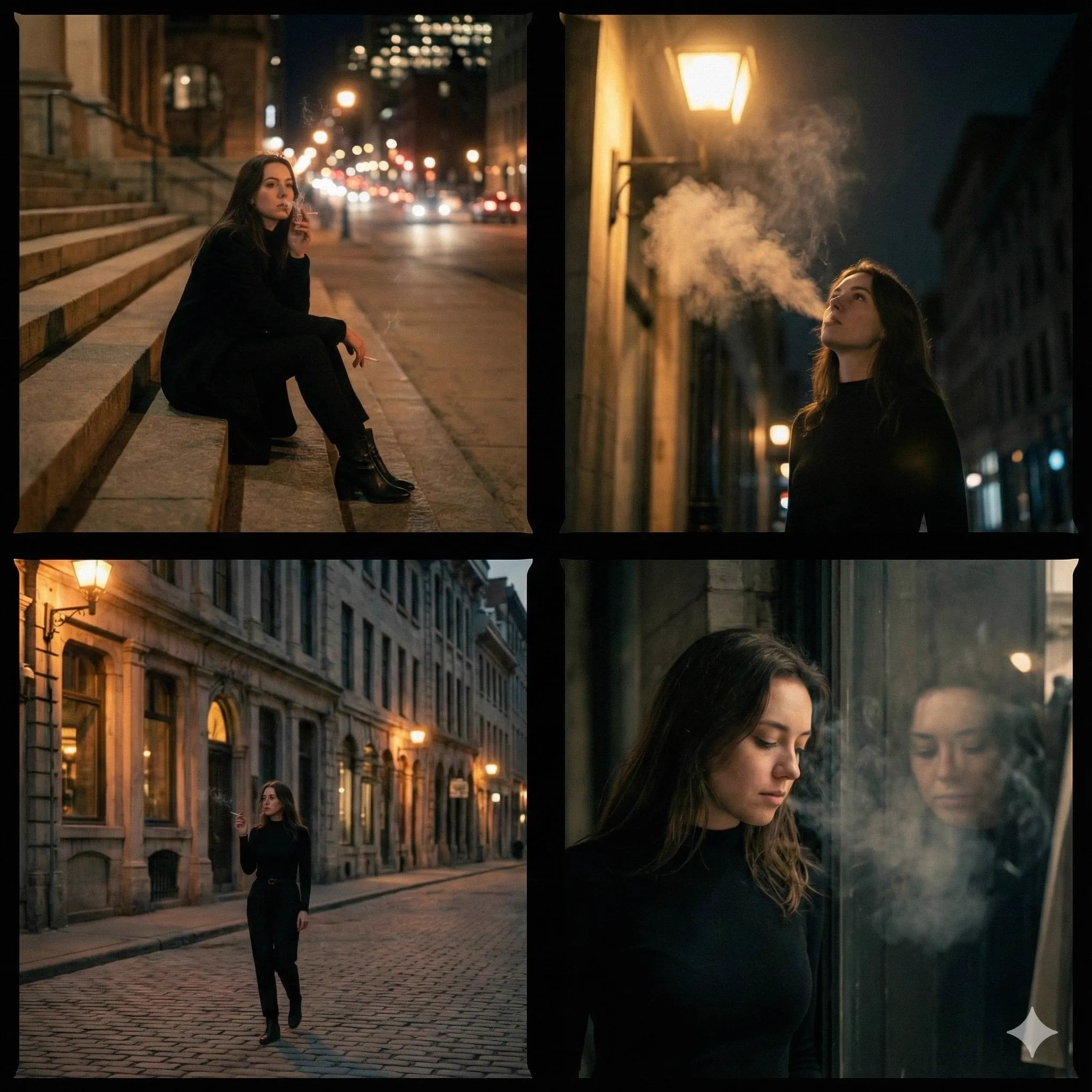 A cinematic 4-panel photo collage showing a quiet, introspective city walk with…