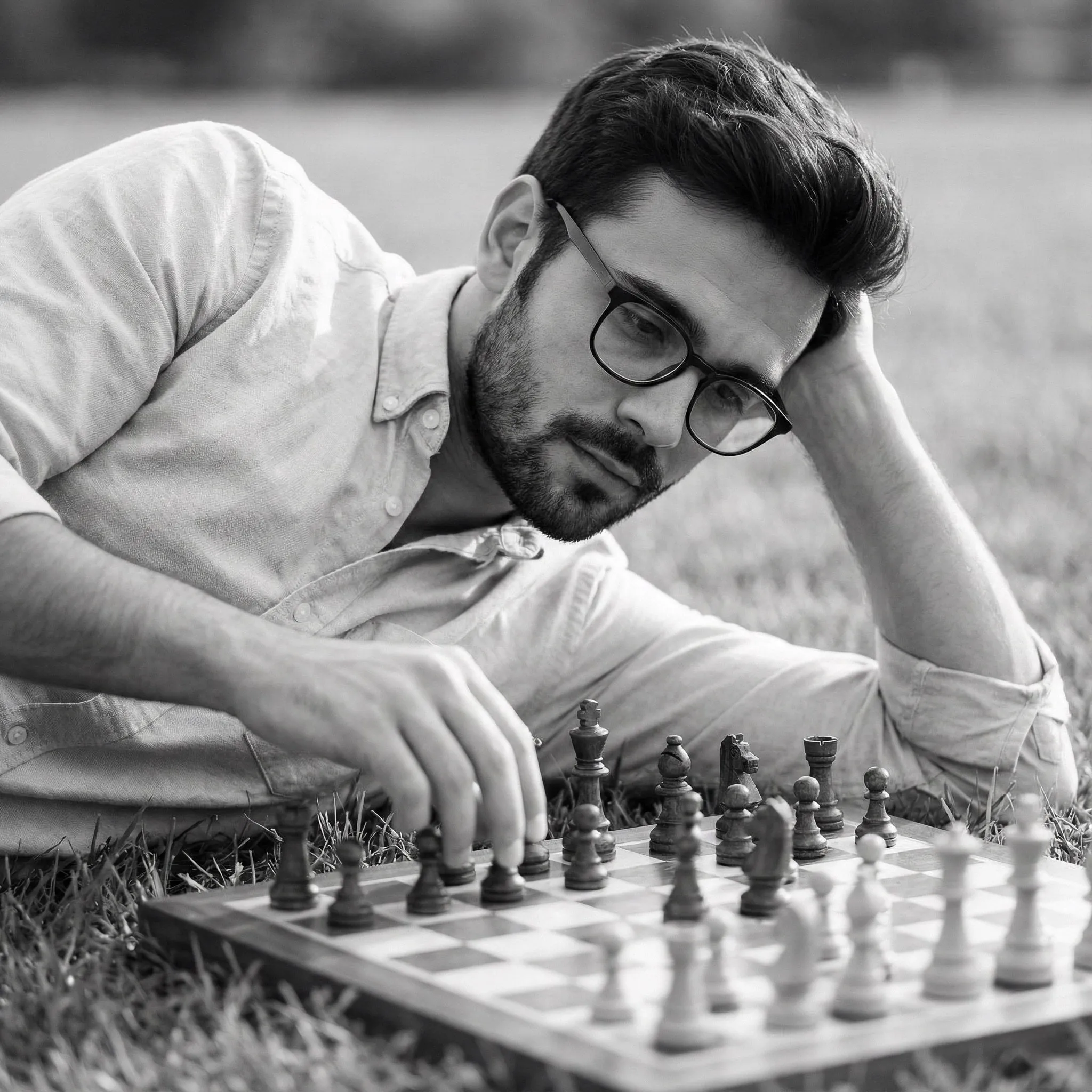 { "scene_overview": { "description": "A monochrome, contemplative portrait of a…