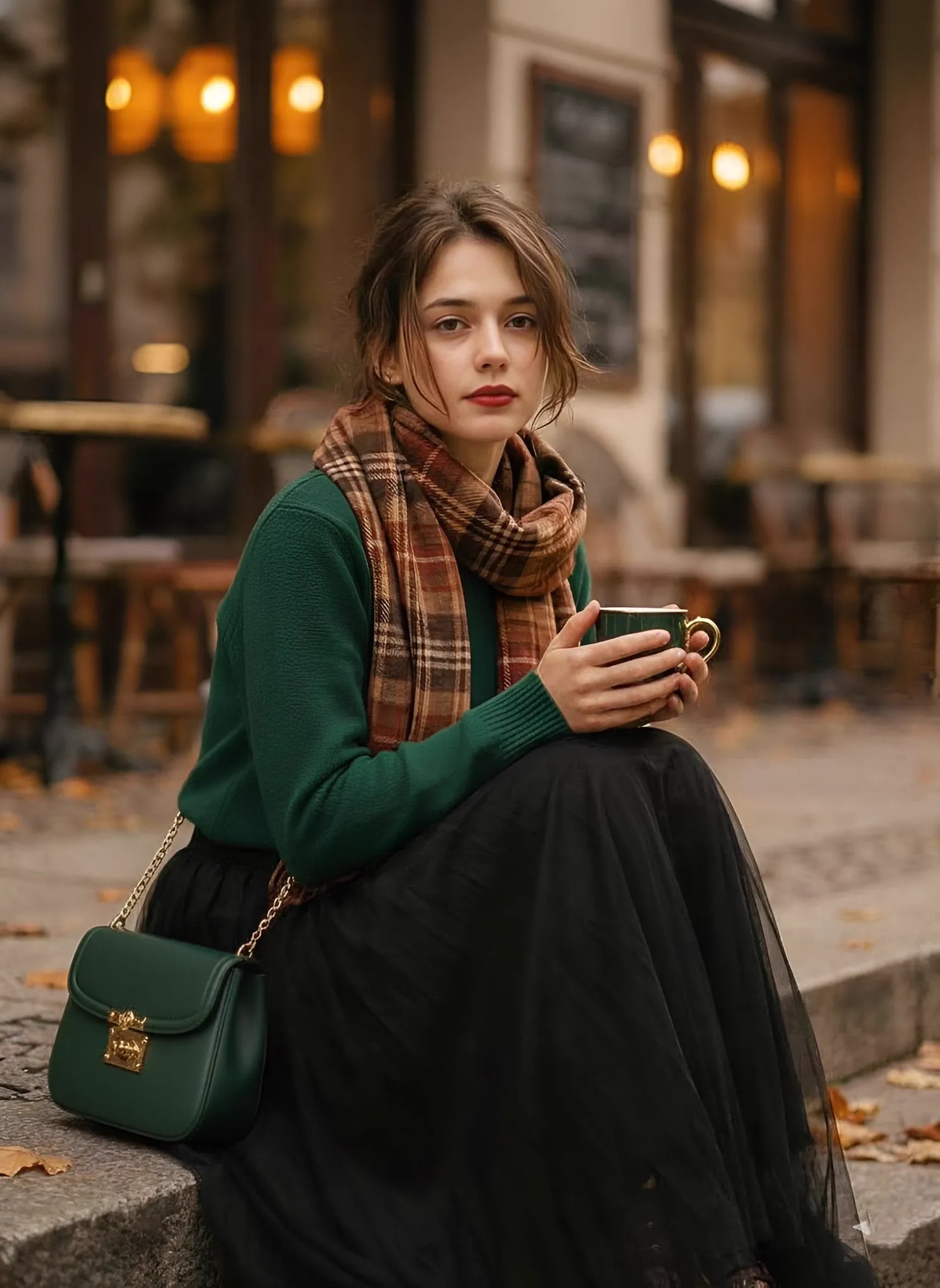 Aesthetic 1970s-inspired fashion portrait of a stylish young woman sitting on…