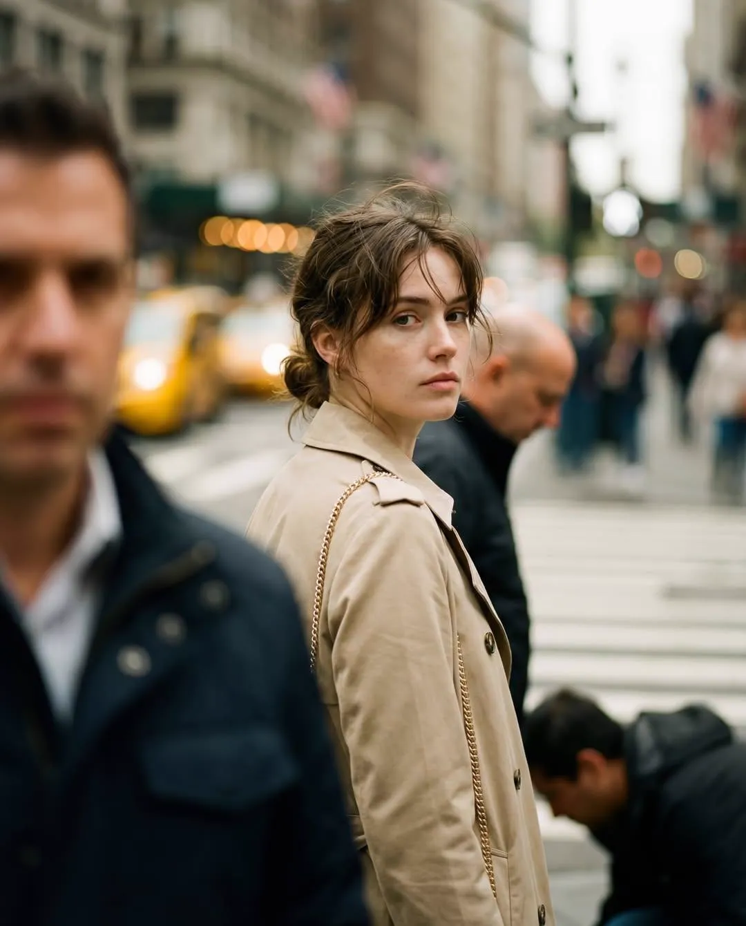 { "Objective": "Create a realistic candid street photograph with cinematic…