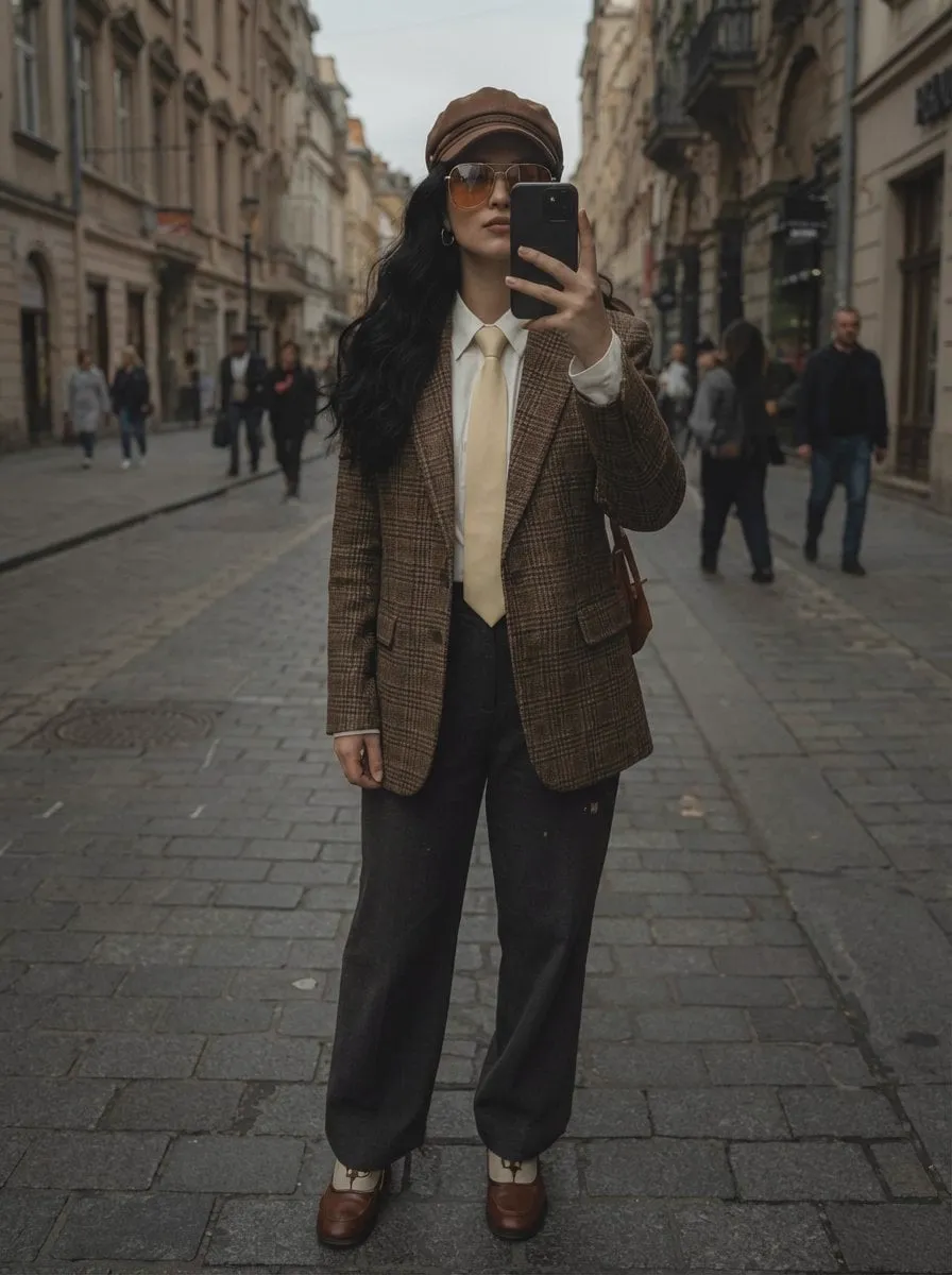 A stylish woman taking a mirror selfie on a European cobblestone street,…
