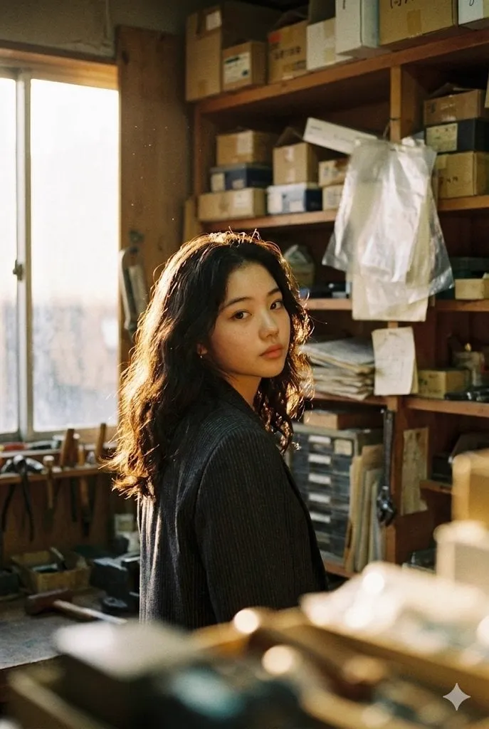 { "subject": { "description": "Young East Asian woman, positioned in profile…