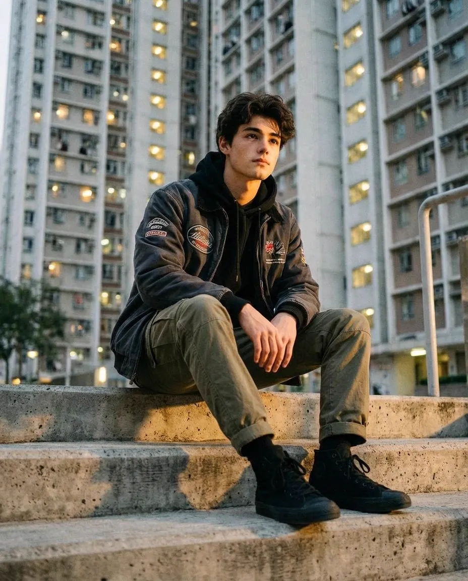 A stylish young man sitting confidently on raw concrete steps inside a dense…