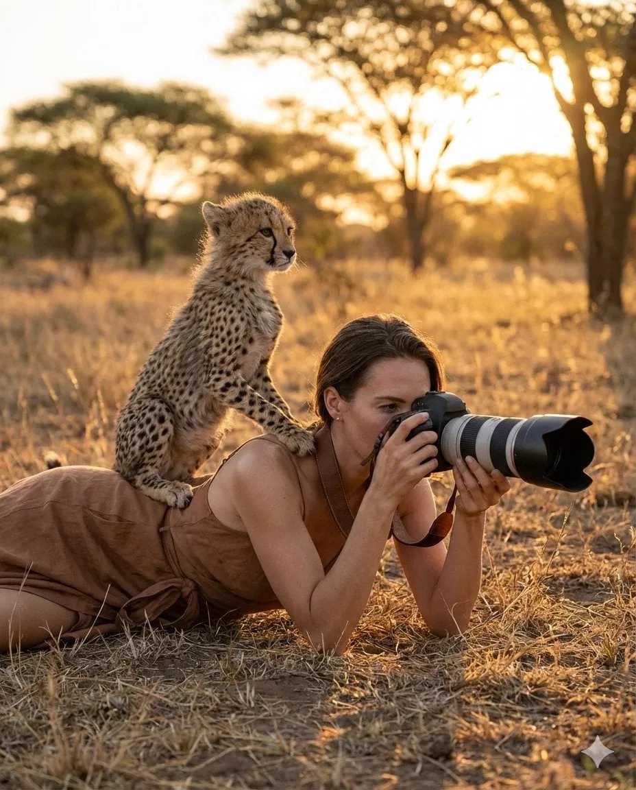 Ultra-realistic wildlife photography scene: An elegant woman in a minimal…
