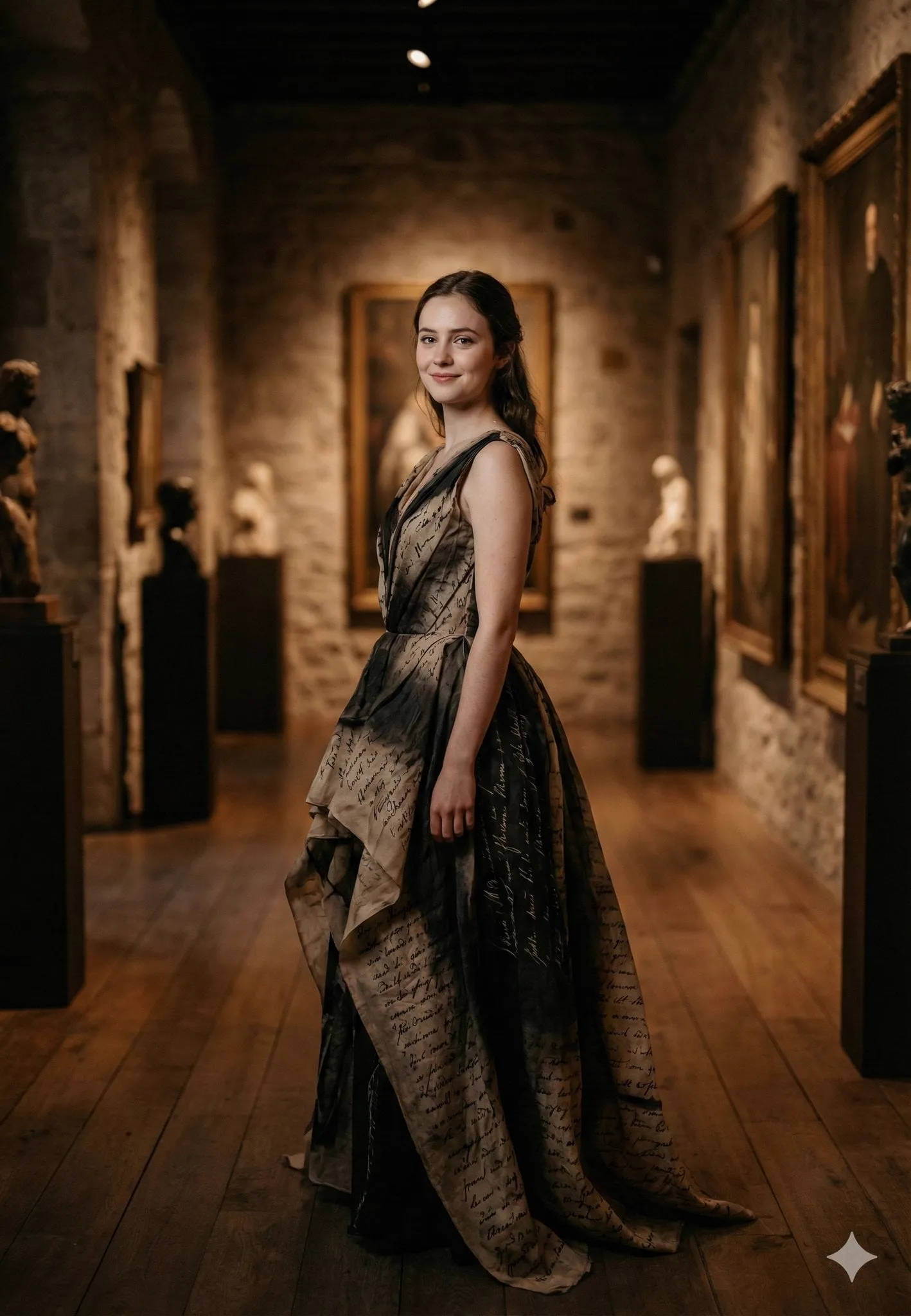 { "model": "Nano Banana Pro", "scene": "Historic art gallery corridor with…