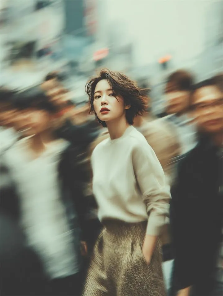 A cinematic street portrait of a young woman standing still in a busy urban…