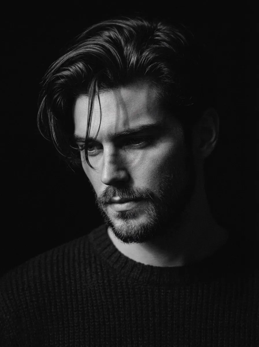 Close-up black and white portrait of a man use image face reference with messy…