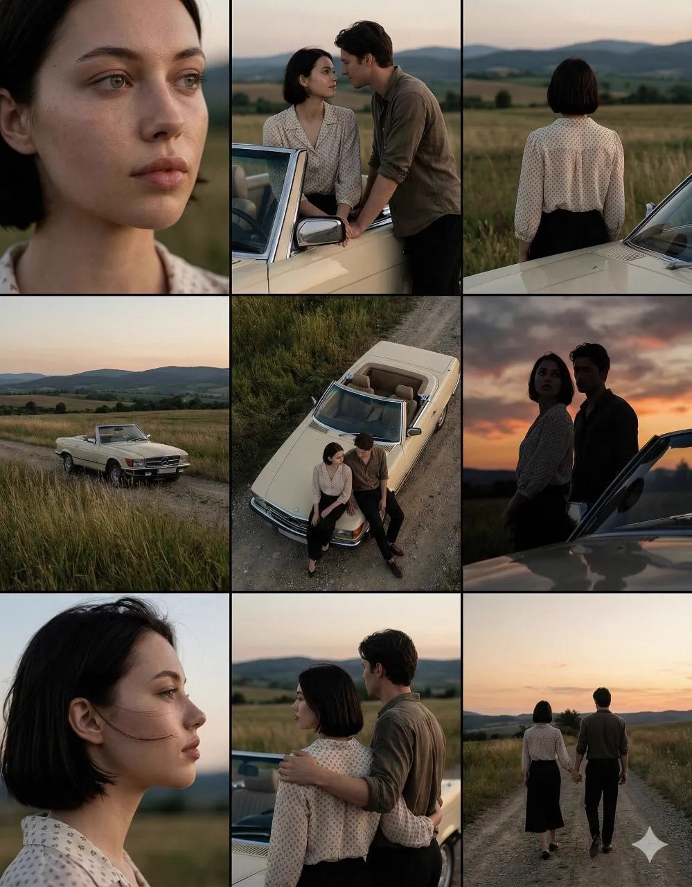 A cinematic 3×3 grid of film-still frames featuring the same couple during a…